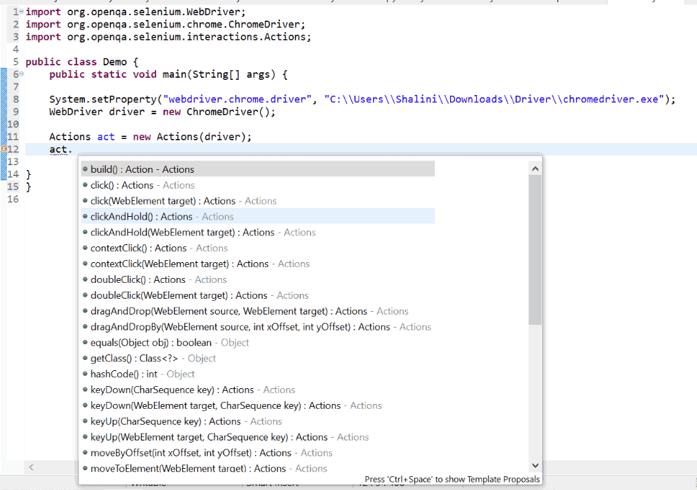 Code example demonstrating the instantiation of WebDriver and Actions class in Selenium