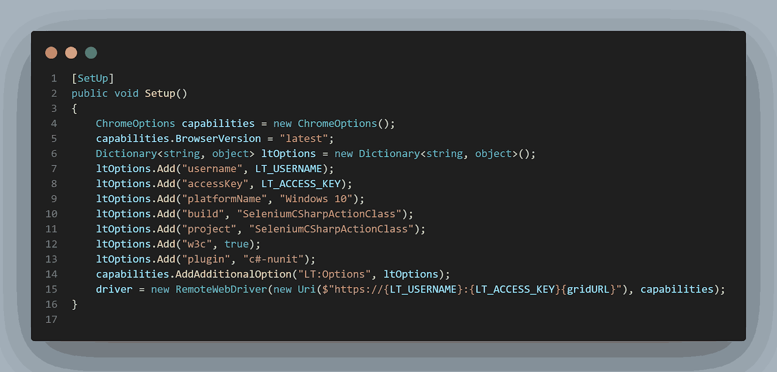 Code snippet showing WebDriver setup and driver capabilities configuration in Selenium