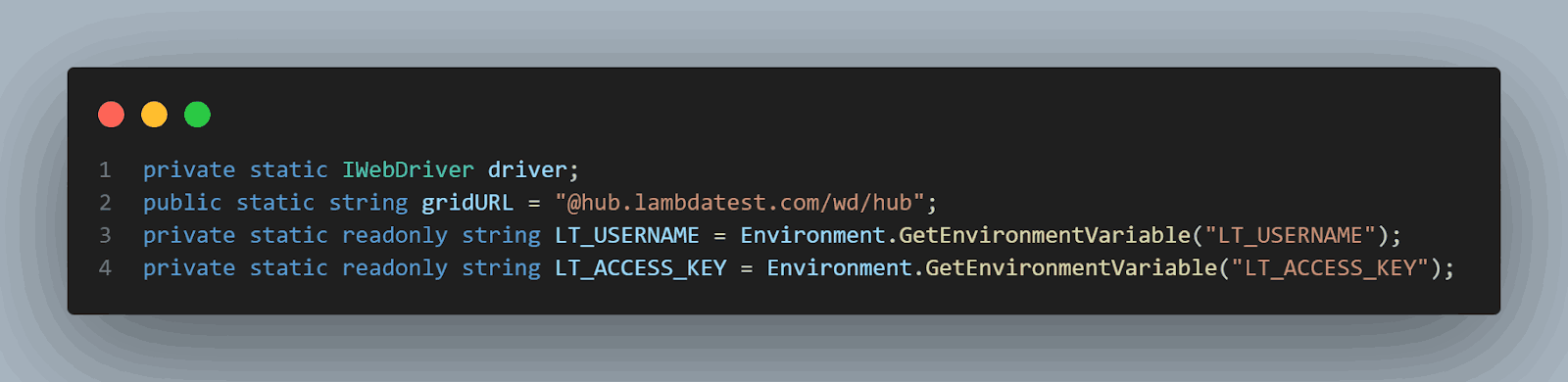  Declaring variables and Selenium Grid setup with URL, username, and access key