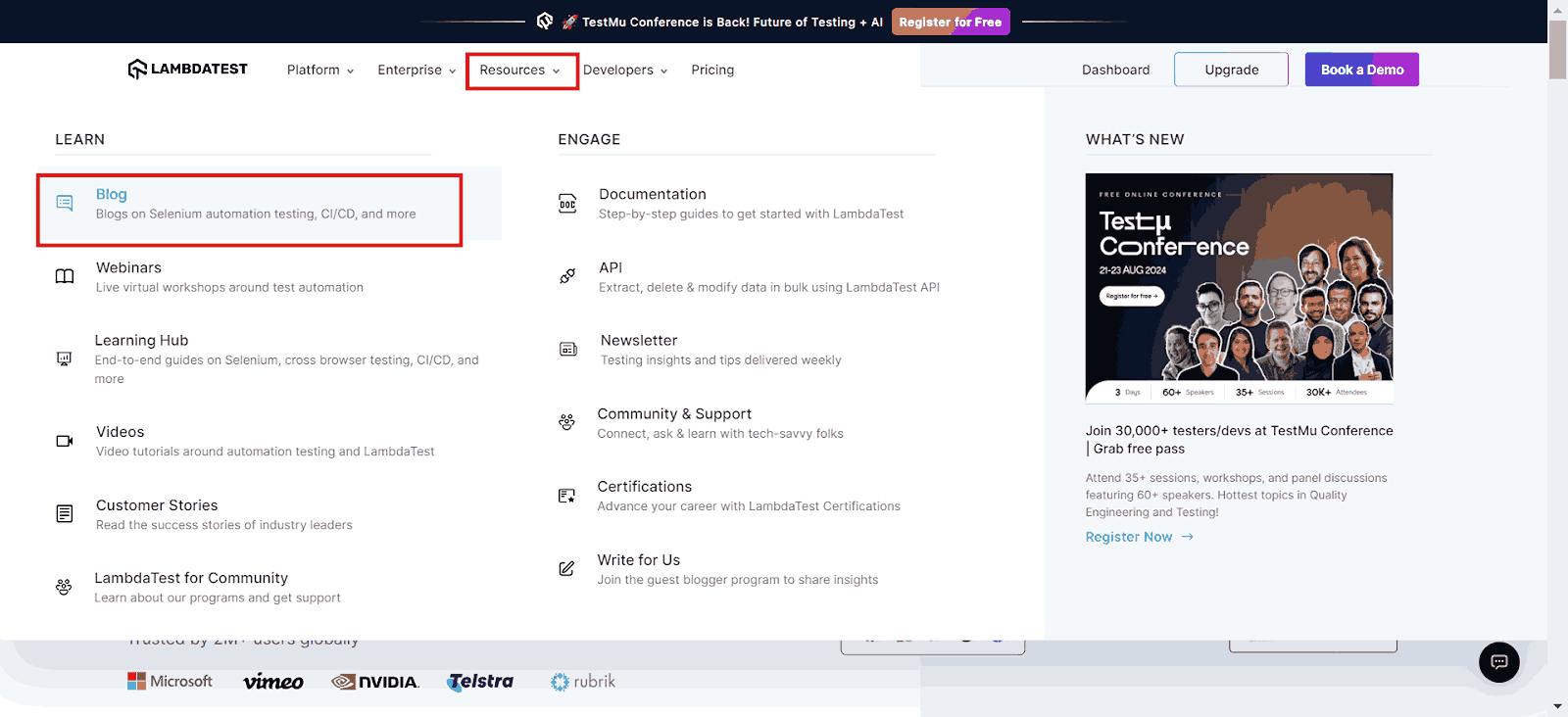 Example of using the moveToElement() method in Selenium to hover over the Resources tab on the LambdaTest website and click the Blog sub-menu