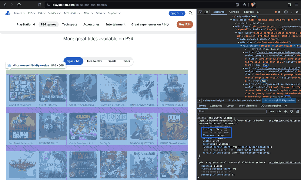 PlayStation utilizes CSS Flexbox to create a responsive gallery
