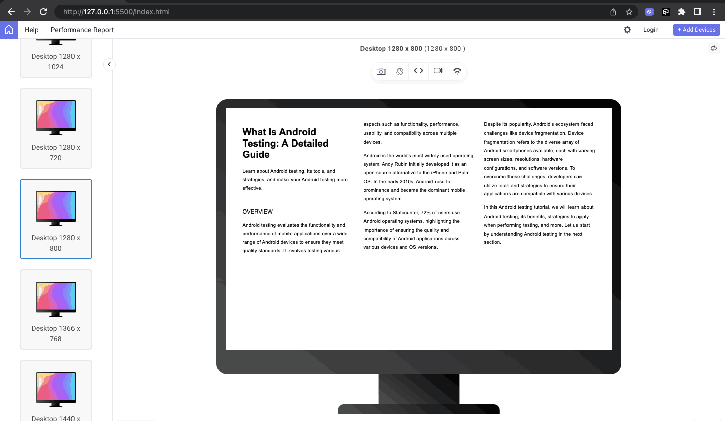 Preview of results on different devices of various screen sizes in desktop view