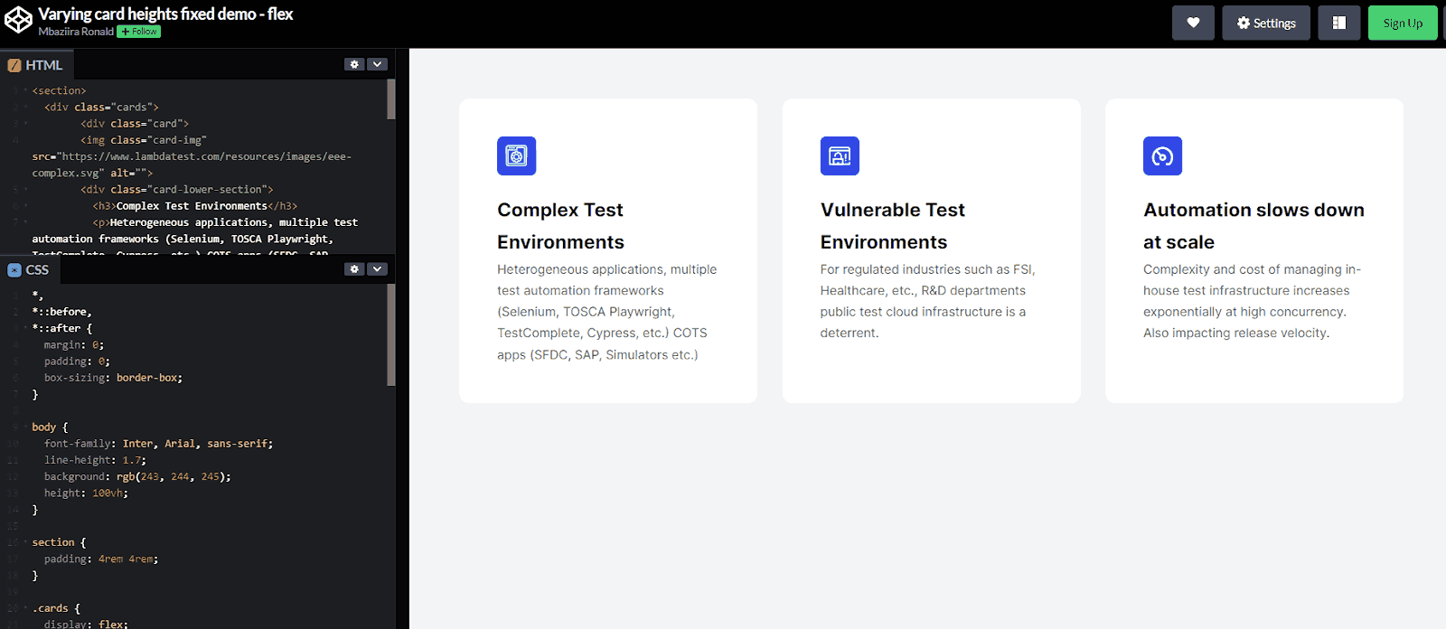 Screenshot demonstrating how using display flex can solve the issue of cards with varying heights on a website