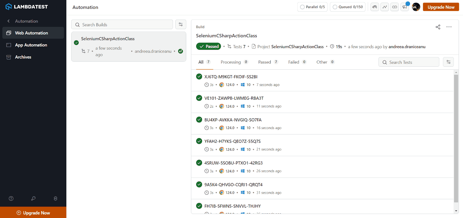 Screenshot of results displayed in LambdaTest Automation Dashboard under Web Automation section