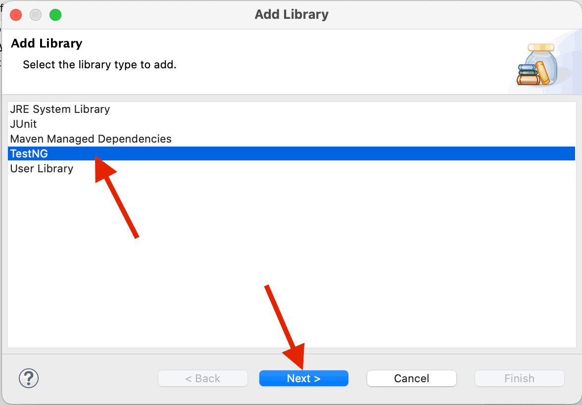 Select the TestNG library from the library options