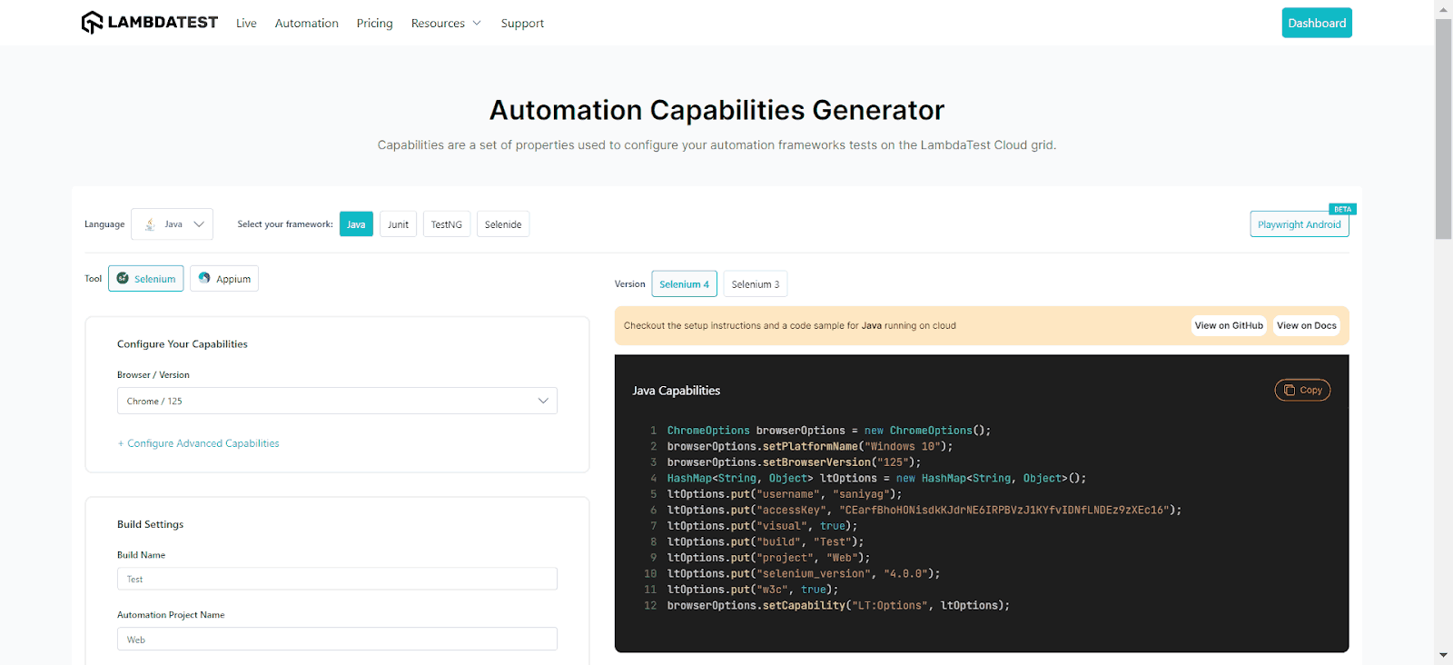 browser capabilities from the LambdaTest platform