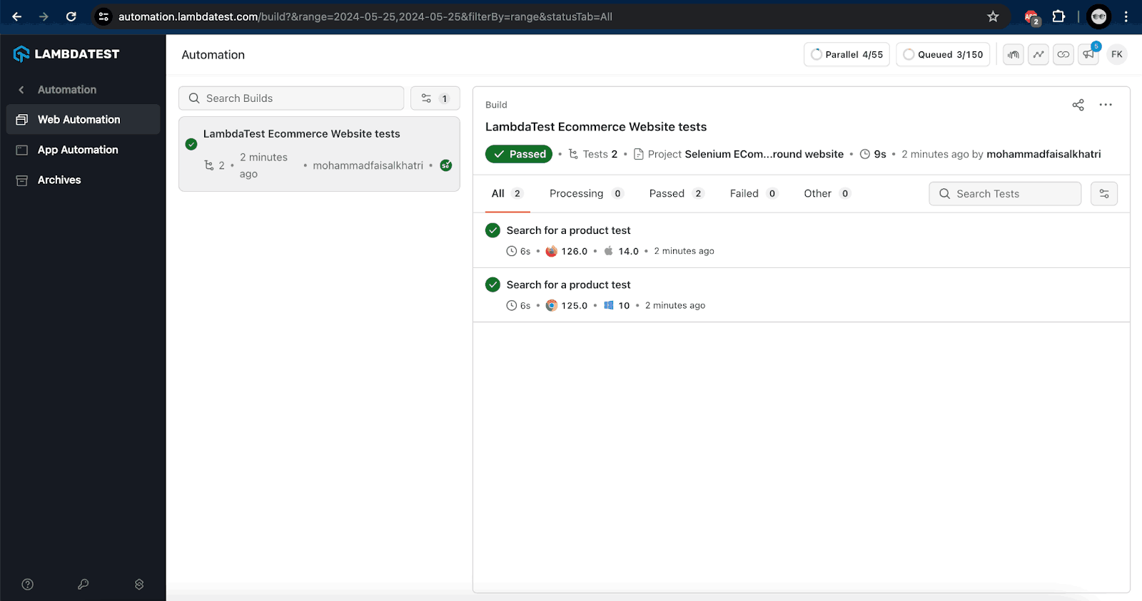  test execution can be found on the LambdaTest Web Automation