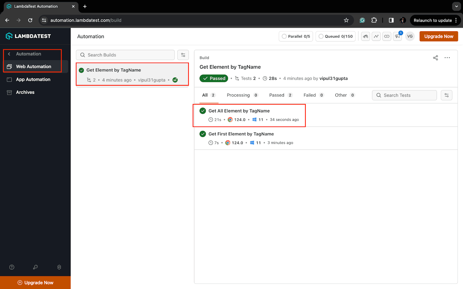  test execution results will be displayed on the LambdaTest Dashboard