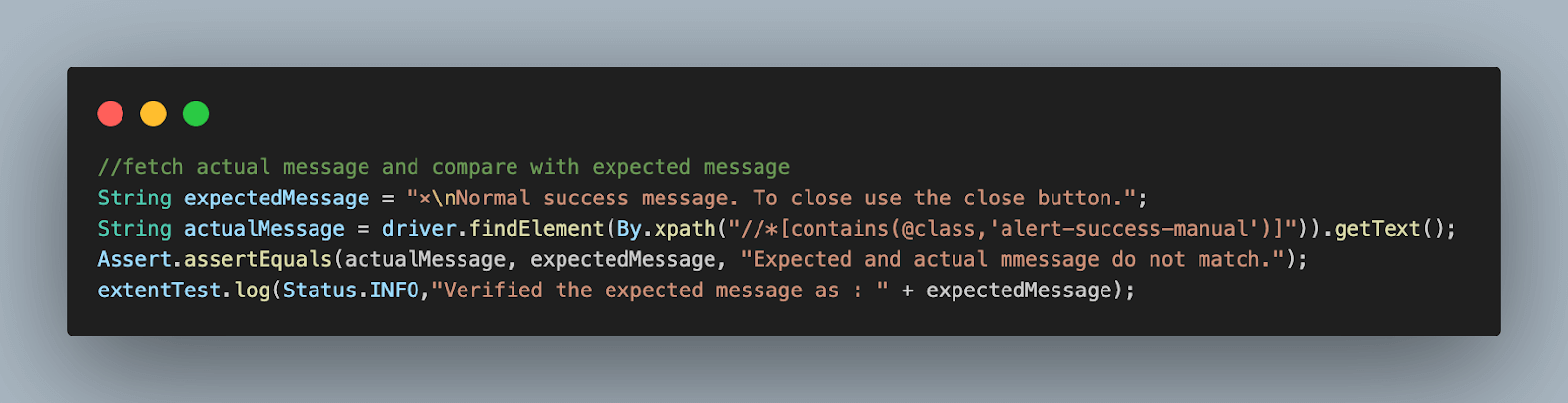 Fetch the actual displayed message and store it in a String-type variable
