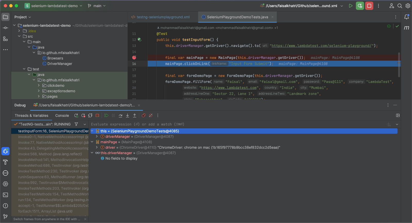 screenshot of the code execution in debugging mode