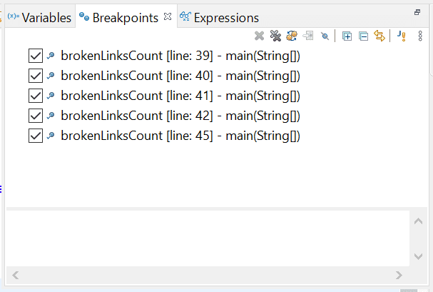 variables, Breakpoints, and Expressions tab