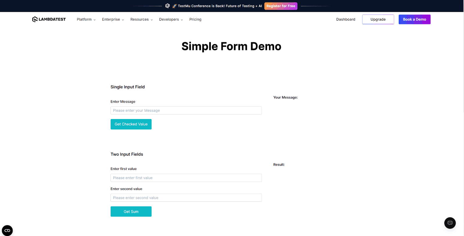 Screenshot of LambdaTest Selenium Playground with an example automation test scenario