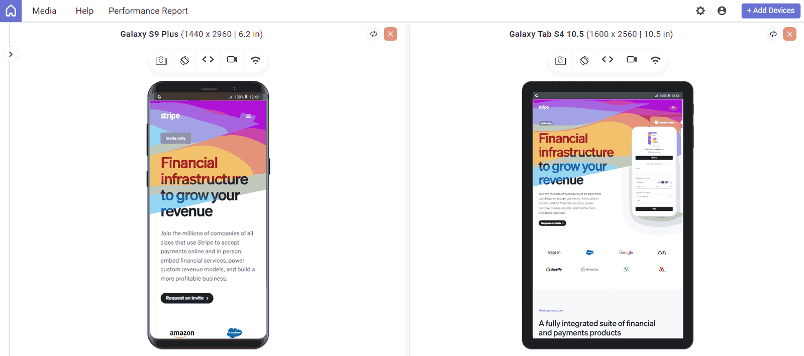 Stripe's mobile website