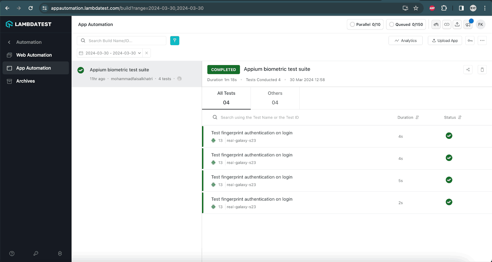 LambdaTest Dashboard displaying test execution details including platform, version, device name, test name, duration, and status