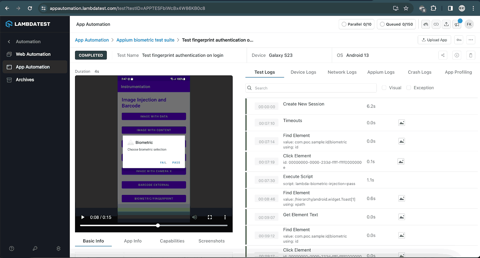 LambdaTest build details screen showing test logs, network logs, Appium logs, device logs, and video recording of test execution