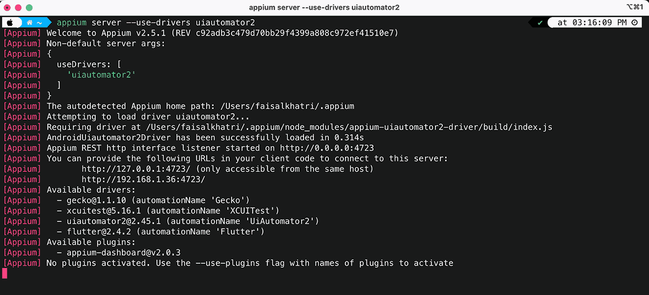 Terminal command to start Appium server with UIAutomator2 driver for local Android testing