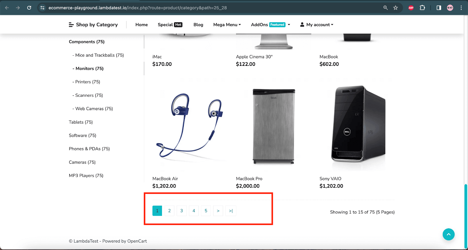 pagination for the different products available