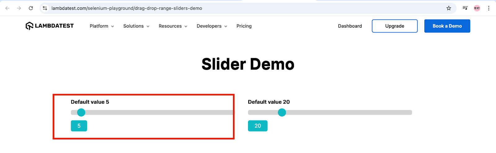 position of the slider element