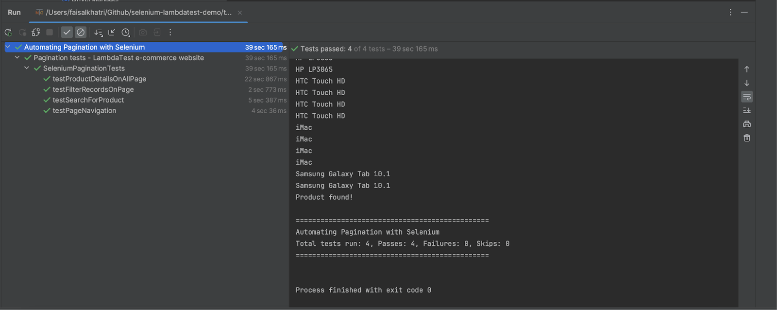  screenshot from IntelliJ shows the successful execution of tests