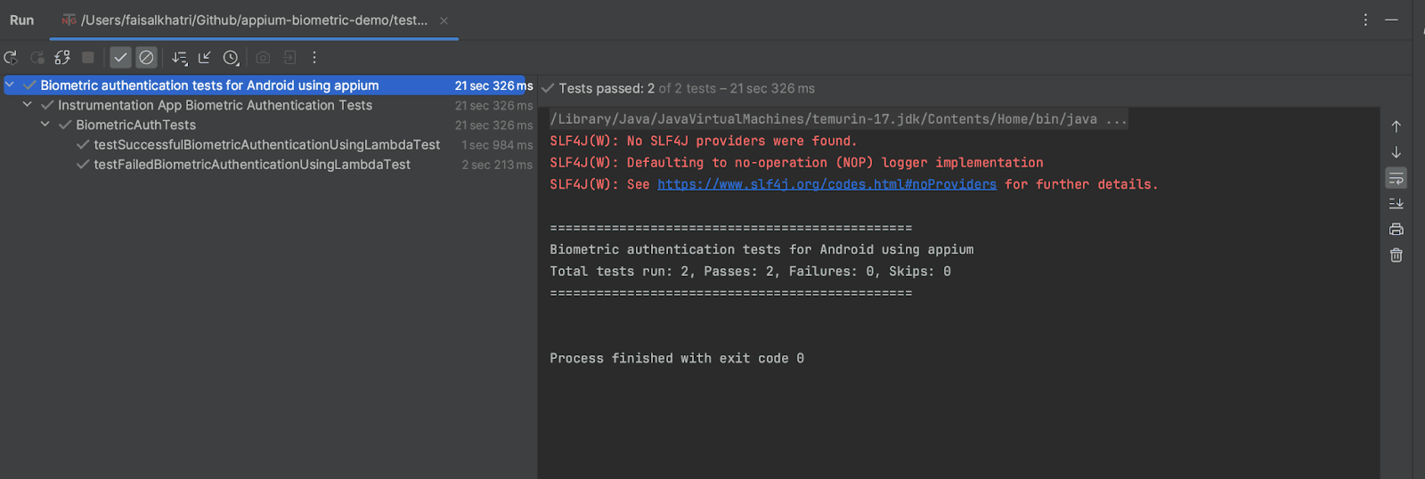 screenshot shows the test execution of both of the test scenarios executed using IntelliJ IDE