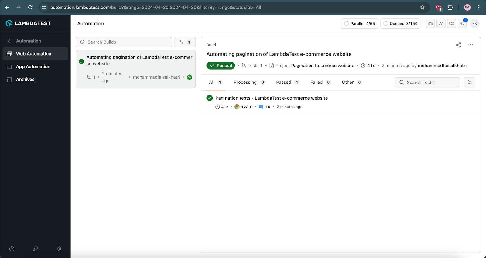  test execution details can be found on the LambdaTest dashboard