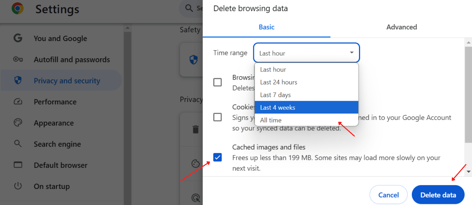 Click Delete data to delete the cached files