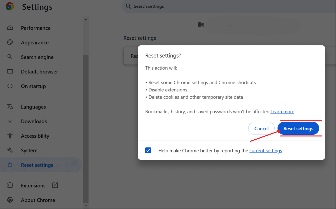 Click on Reset settings to continue