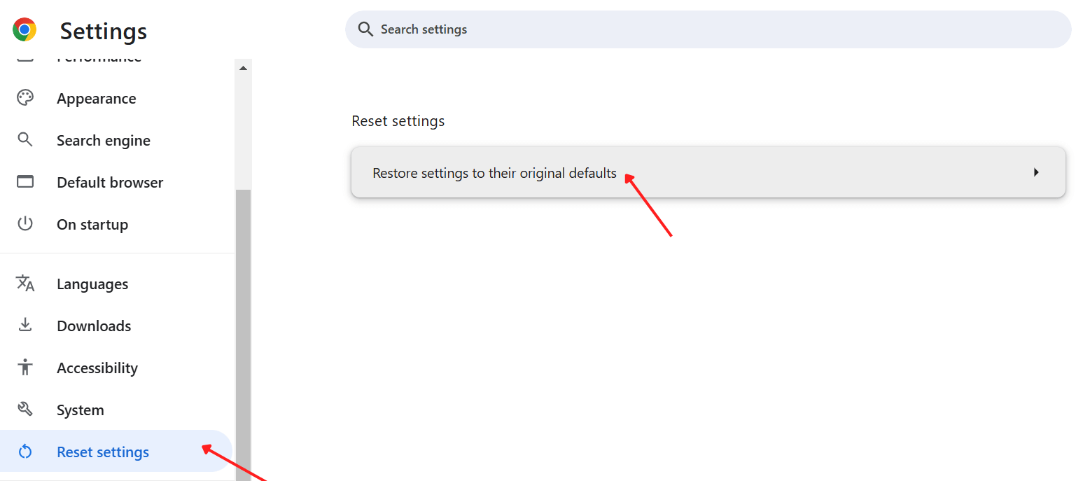 Click on Restore settings to their original defaults