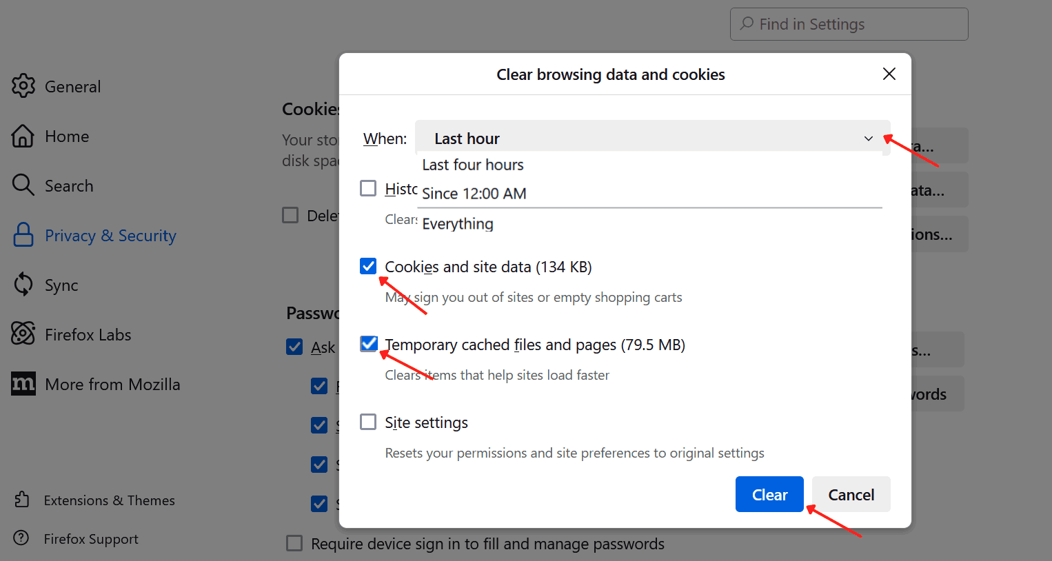 clear cookies and cached files for site data and temporary files