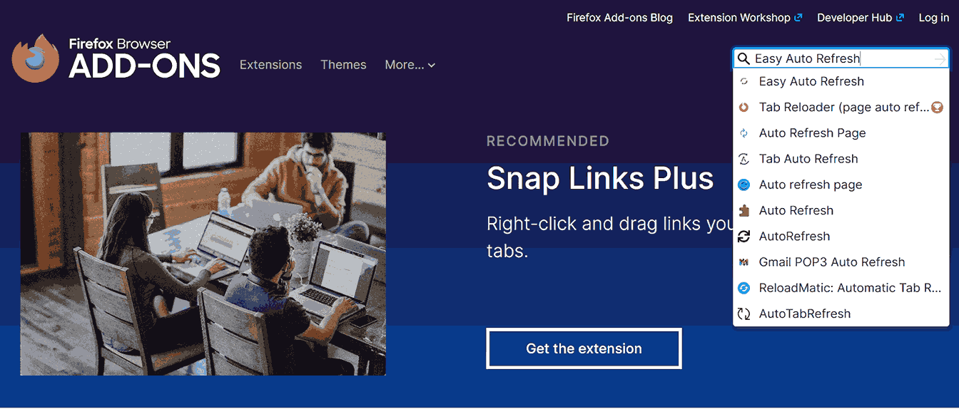 image showing search for easy auto refresh or similar extensions in the firefox add-ons store