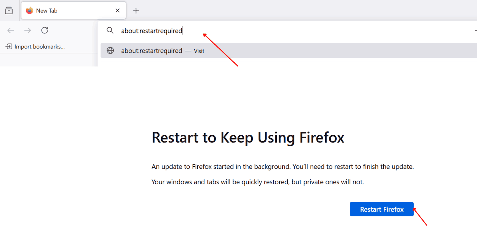 prompt to restart firefox by typing about in the address bar