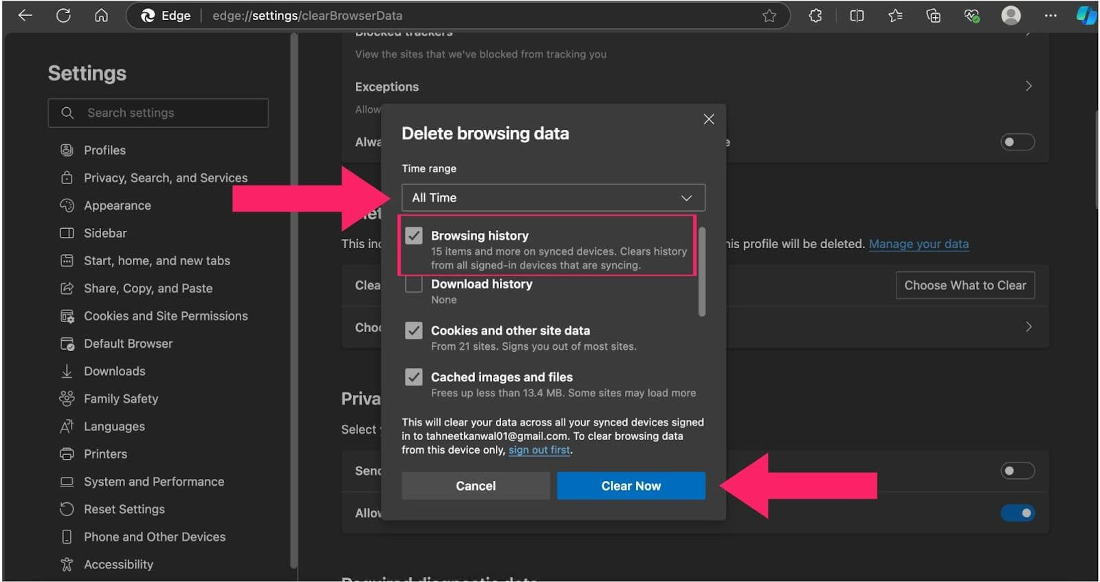 Select the types of browsing data that you want t