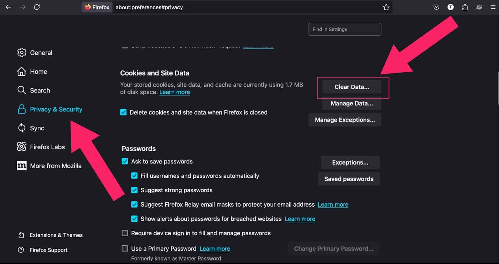  Cookies and Site Data