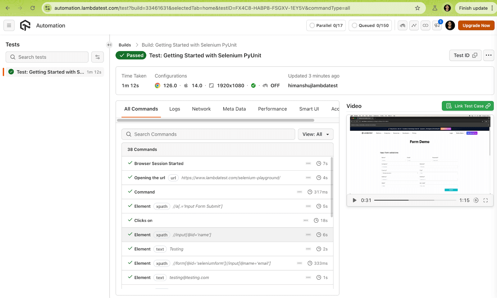 LambdaTest Web Automation dashboard screenshot