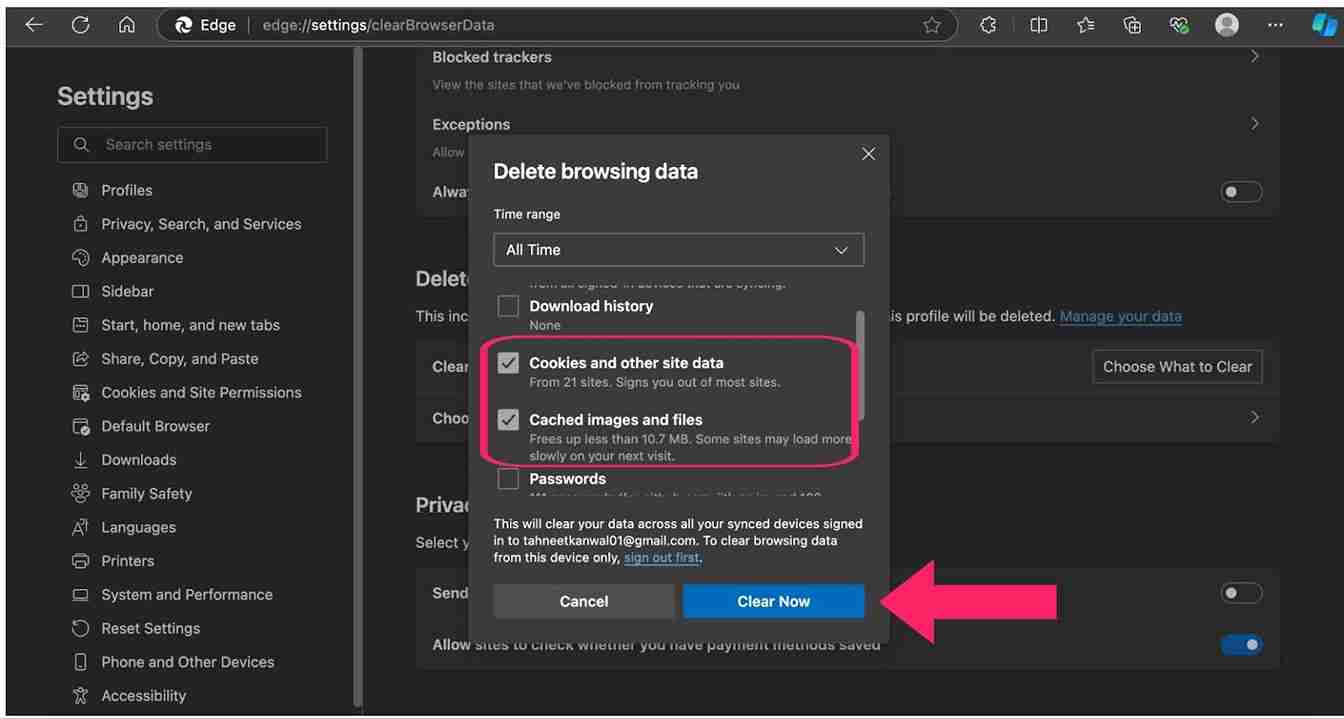 Time range dropdown to choose when you want to clear the cache