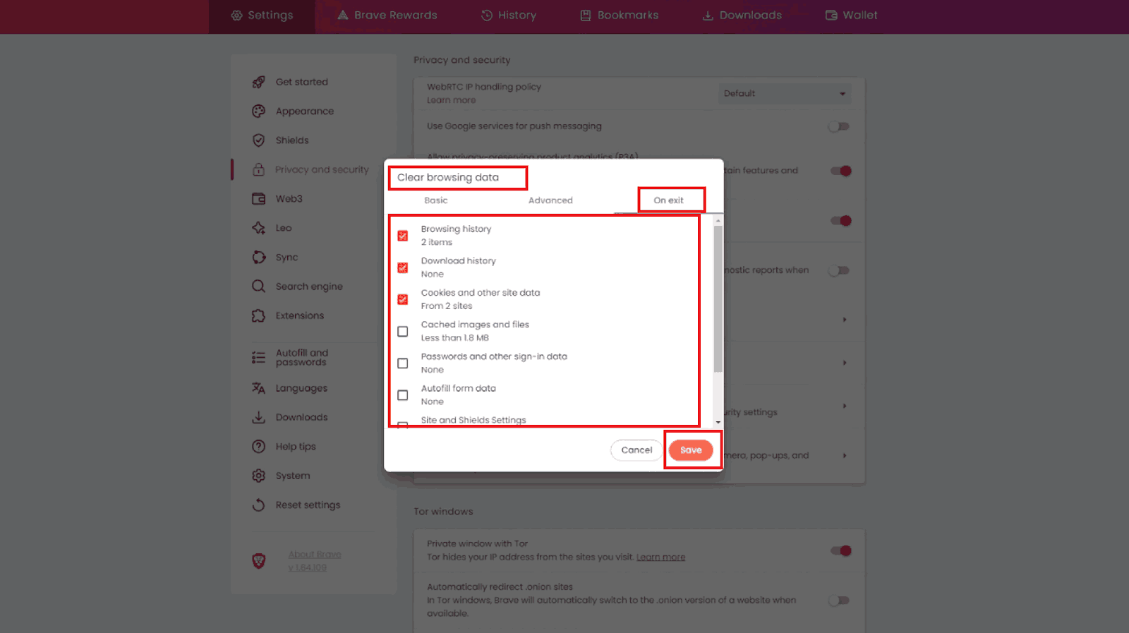 clear browsing data on exit settings in brave browser