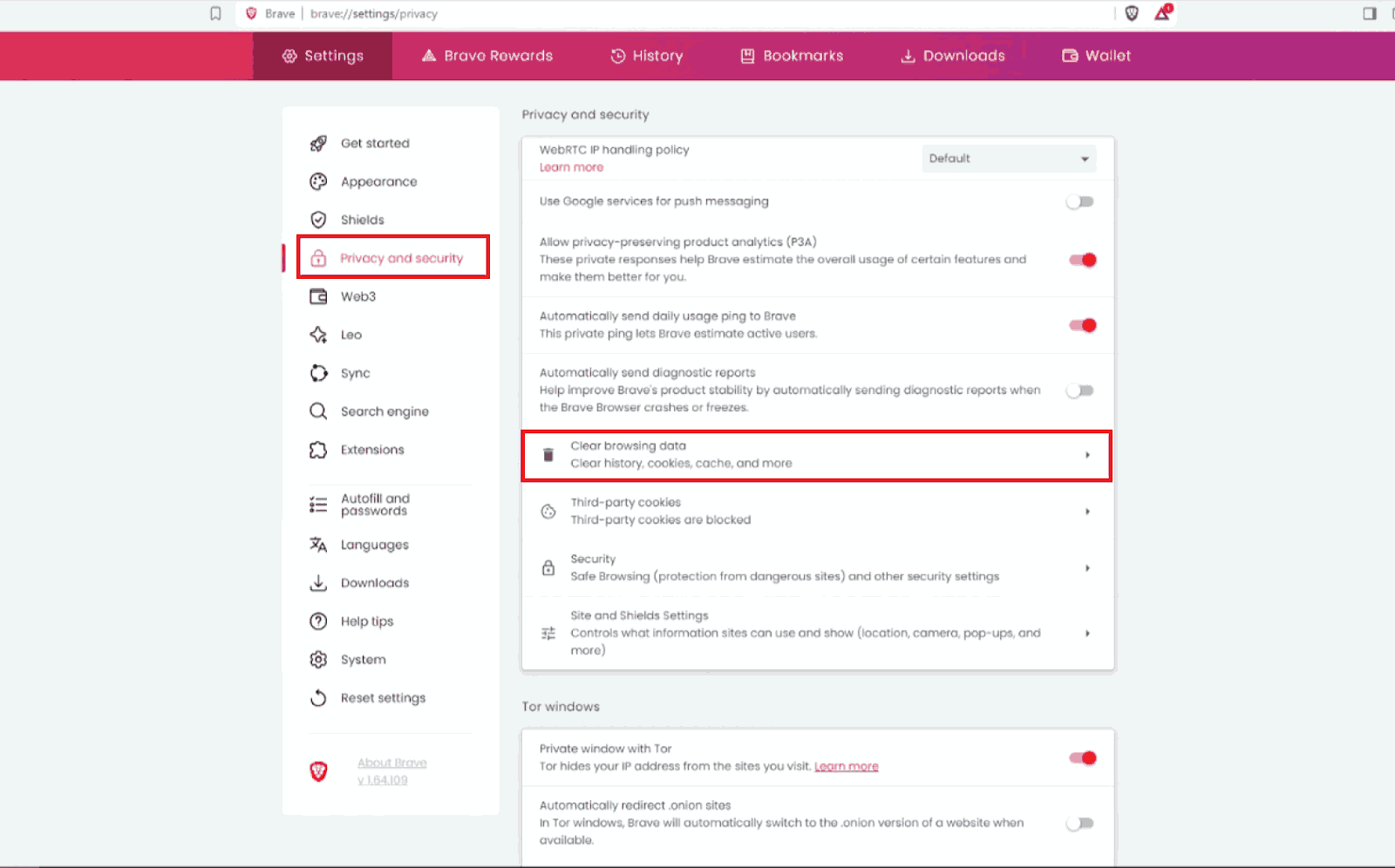 clear browsing data option under privacy and security in brave browser