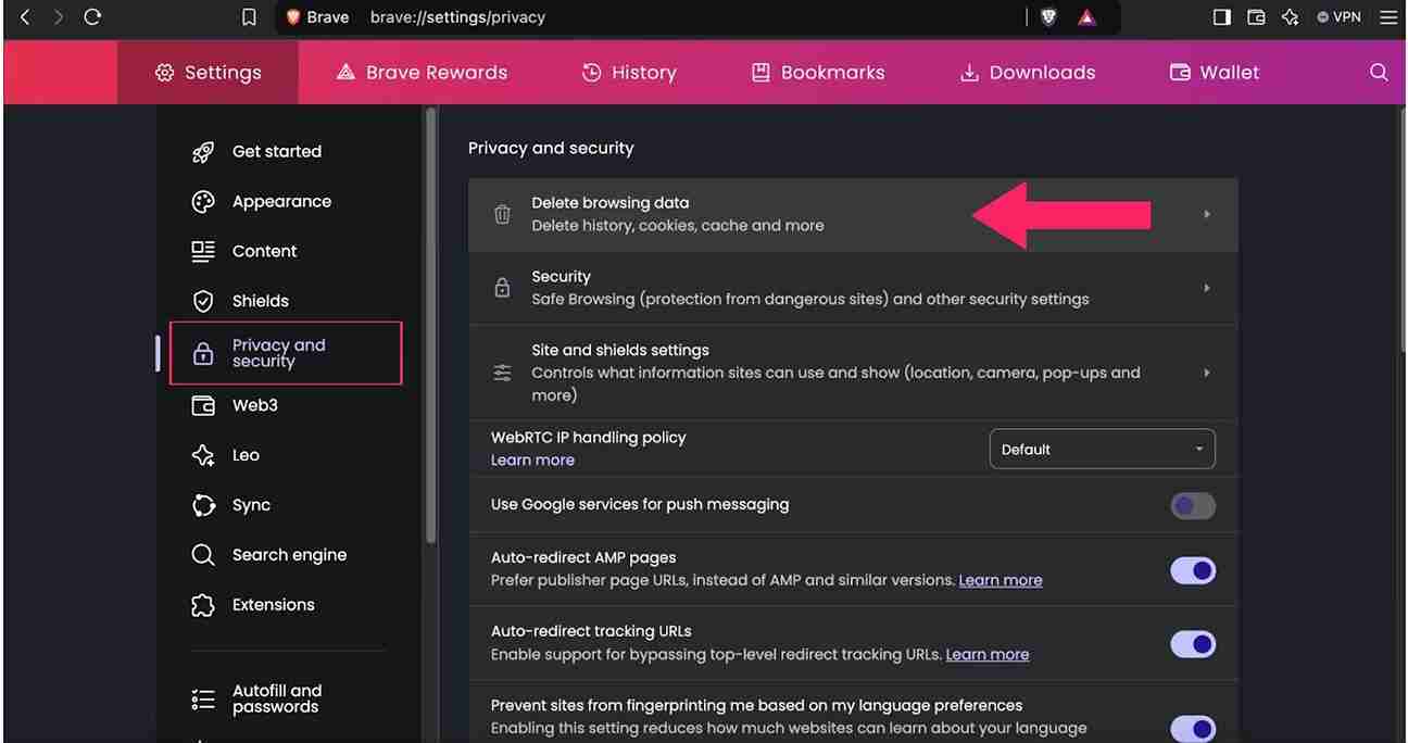 delete browsing data option in brave browser settings