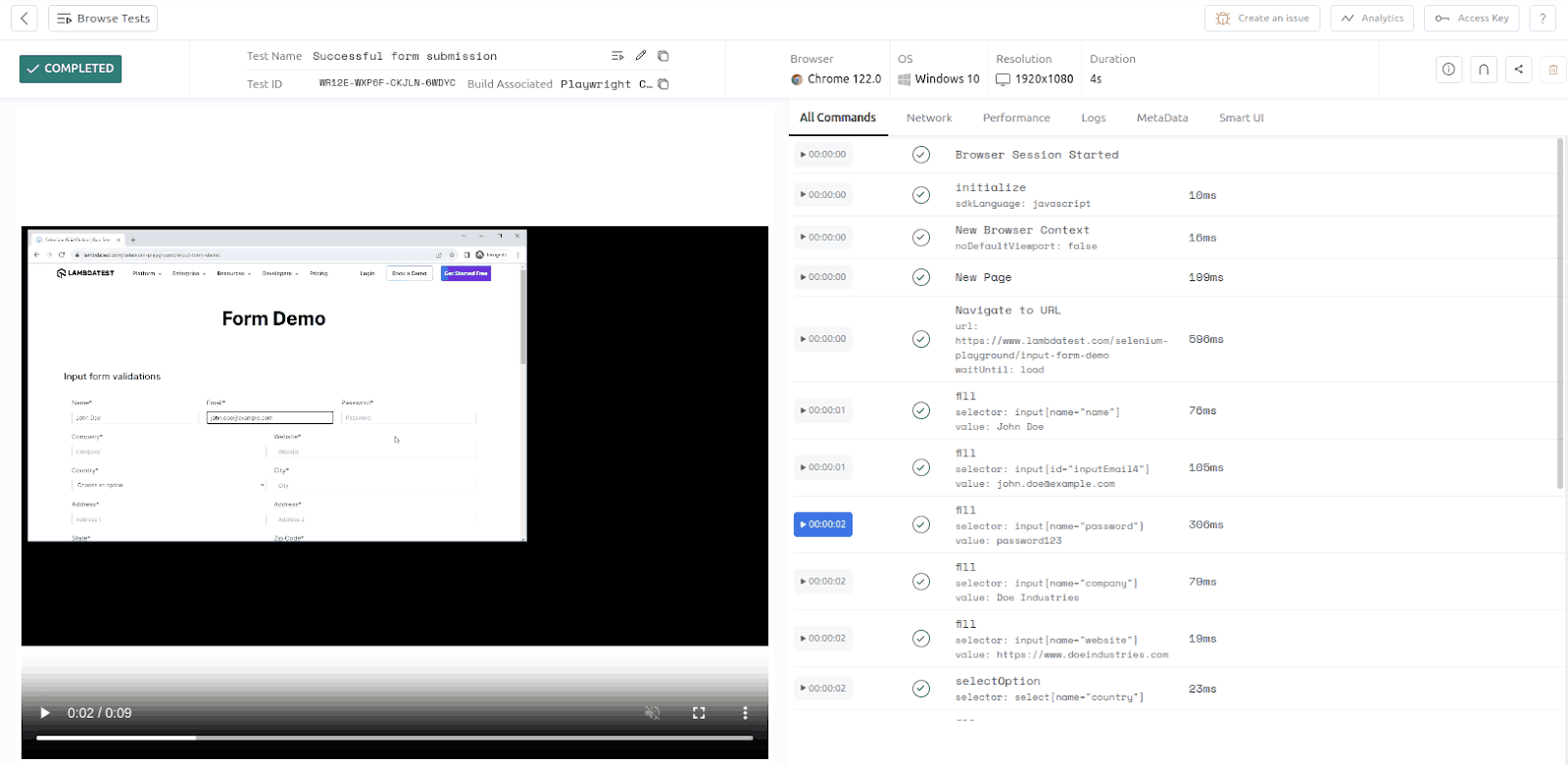 lambdatest test logs and video playback interface