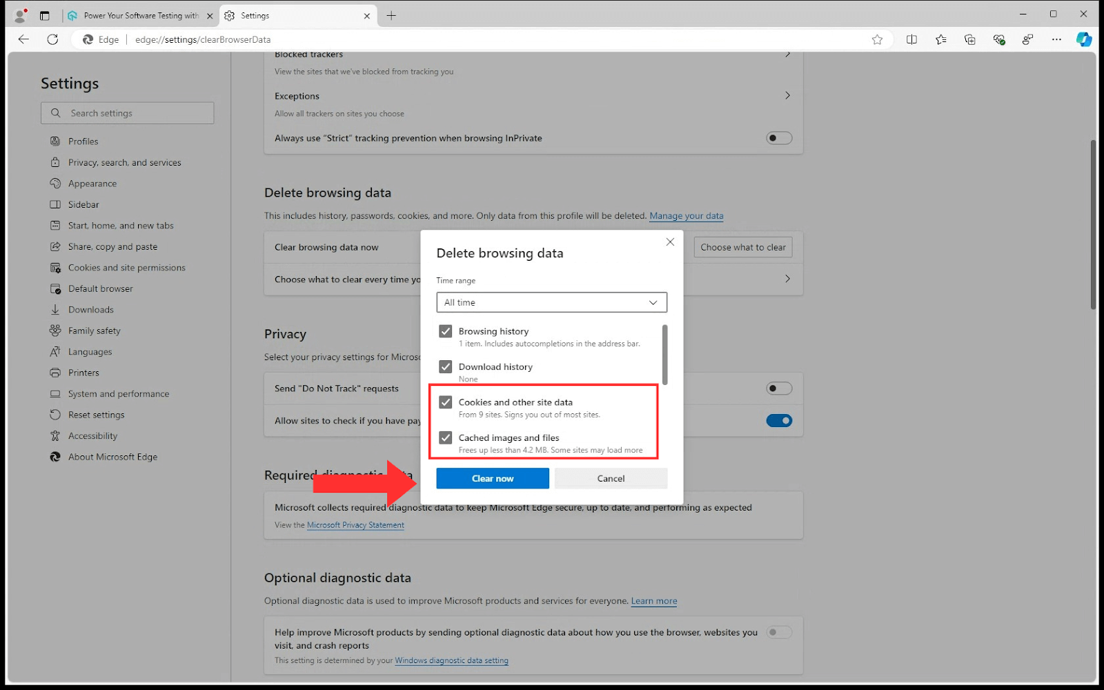 Cookies and other site data, and Cached images and files