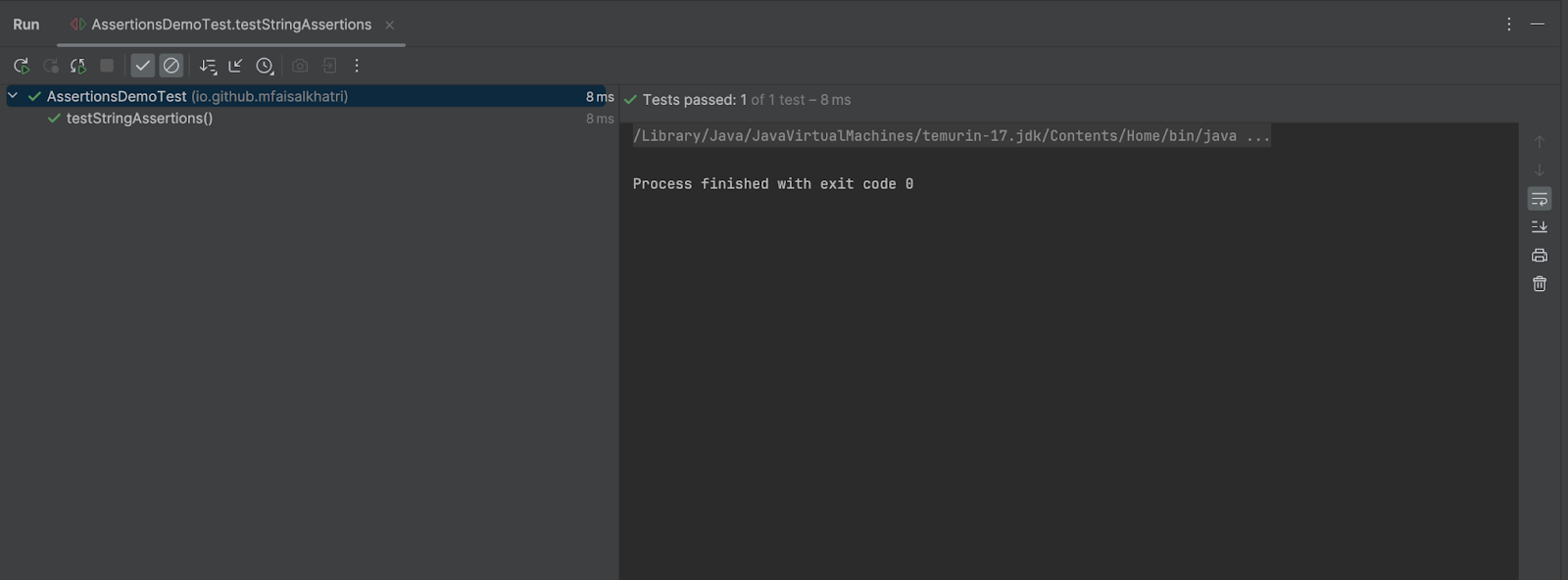  IntelliJ shows that the assertion was performed successfully