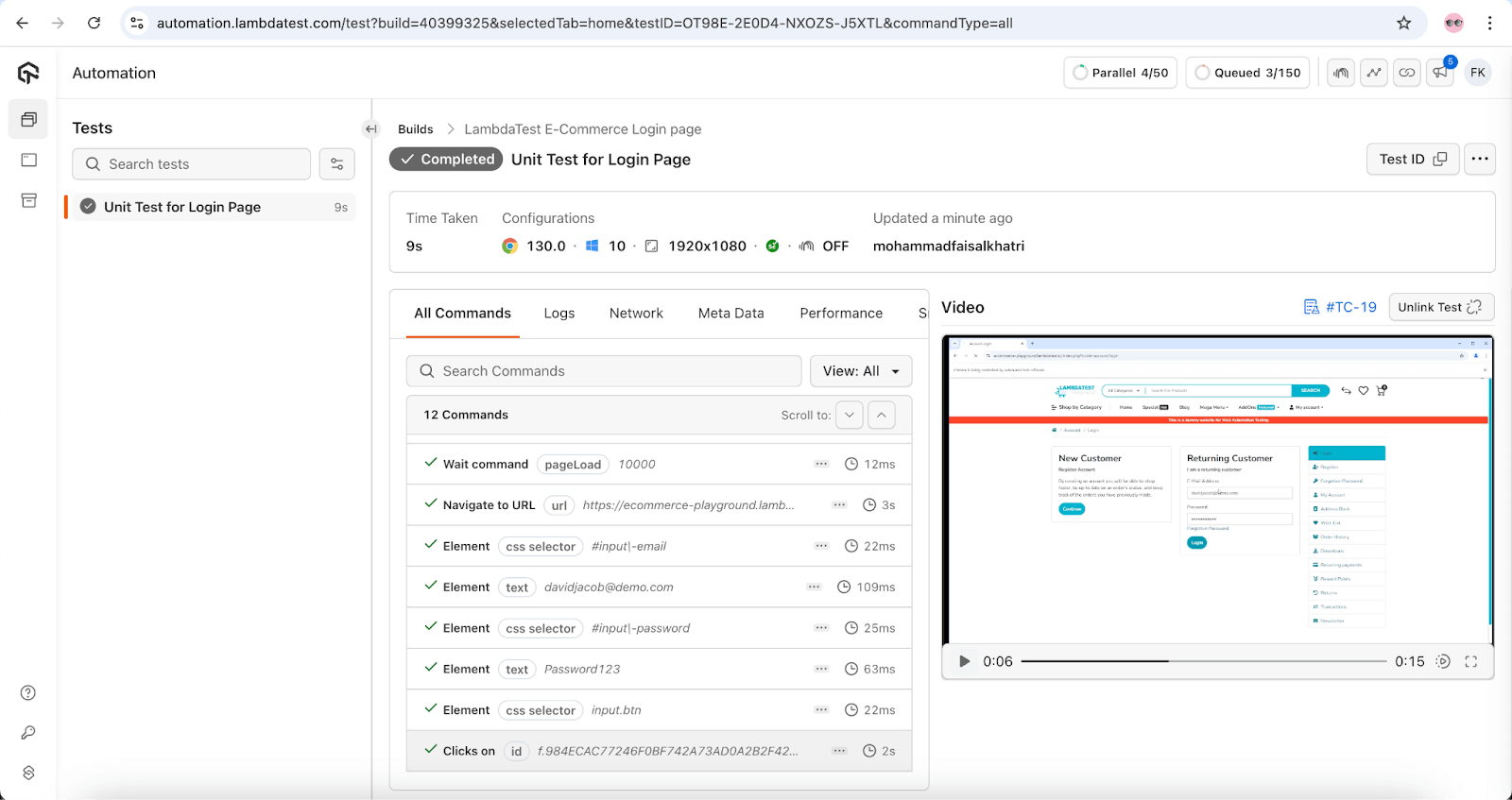 LambdaTest Web Automation dashboard shows insightful test execution details