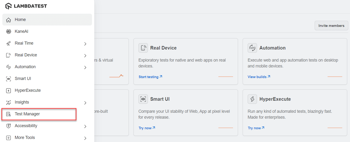 click on the Test Manager option from the side panel