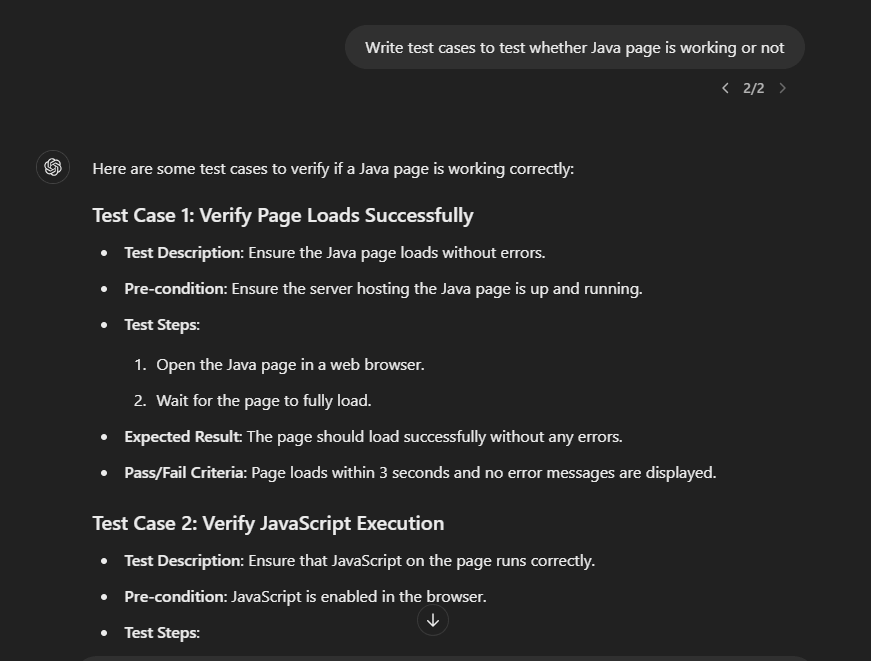 prompt Write test cases to test whether Java page is working or not