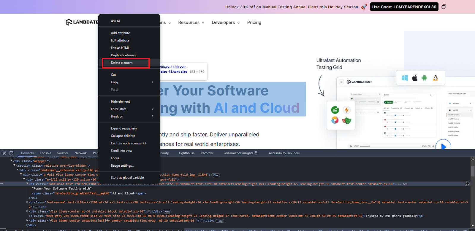 Right-click on the element and select the Delete element