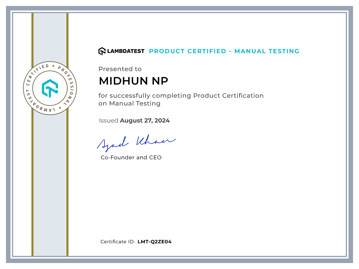 Midhun NP's Certificate: Manual Testing