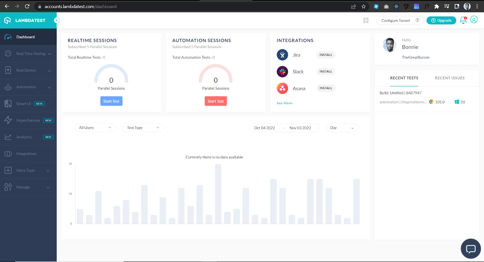 LambdaTest dashboard unit testing