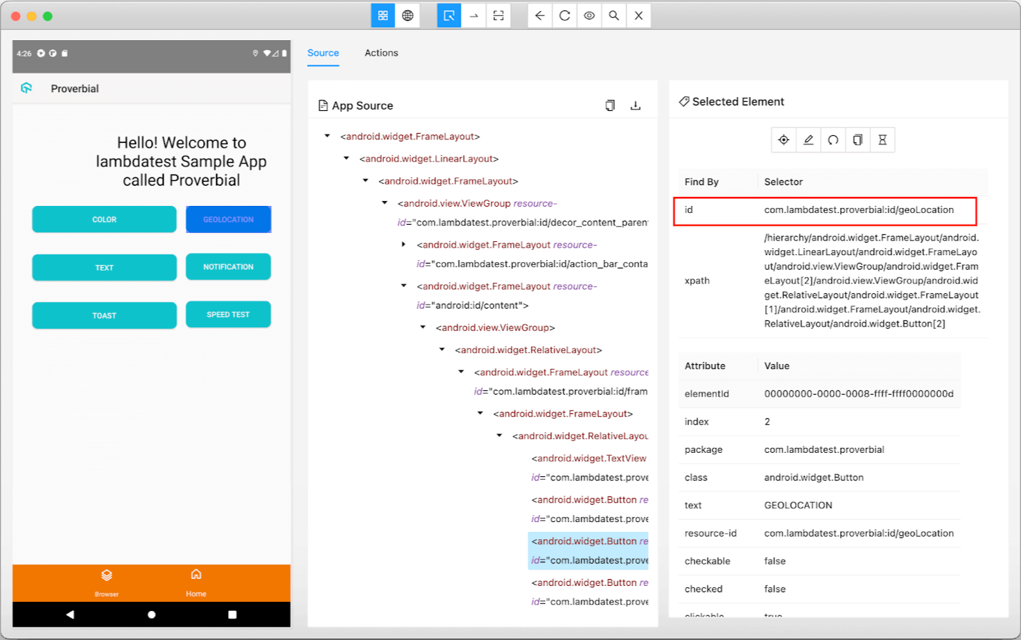 app source selected element page