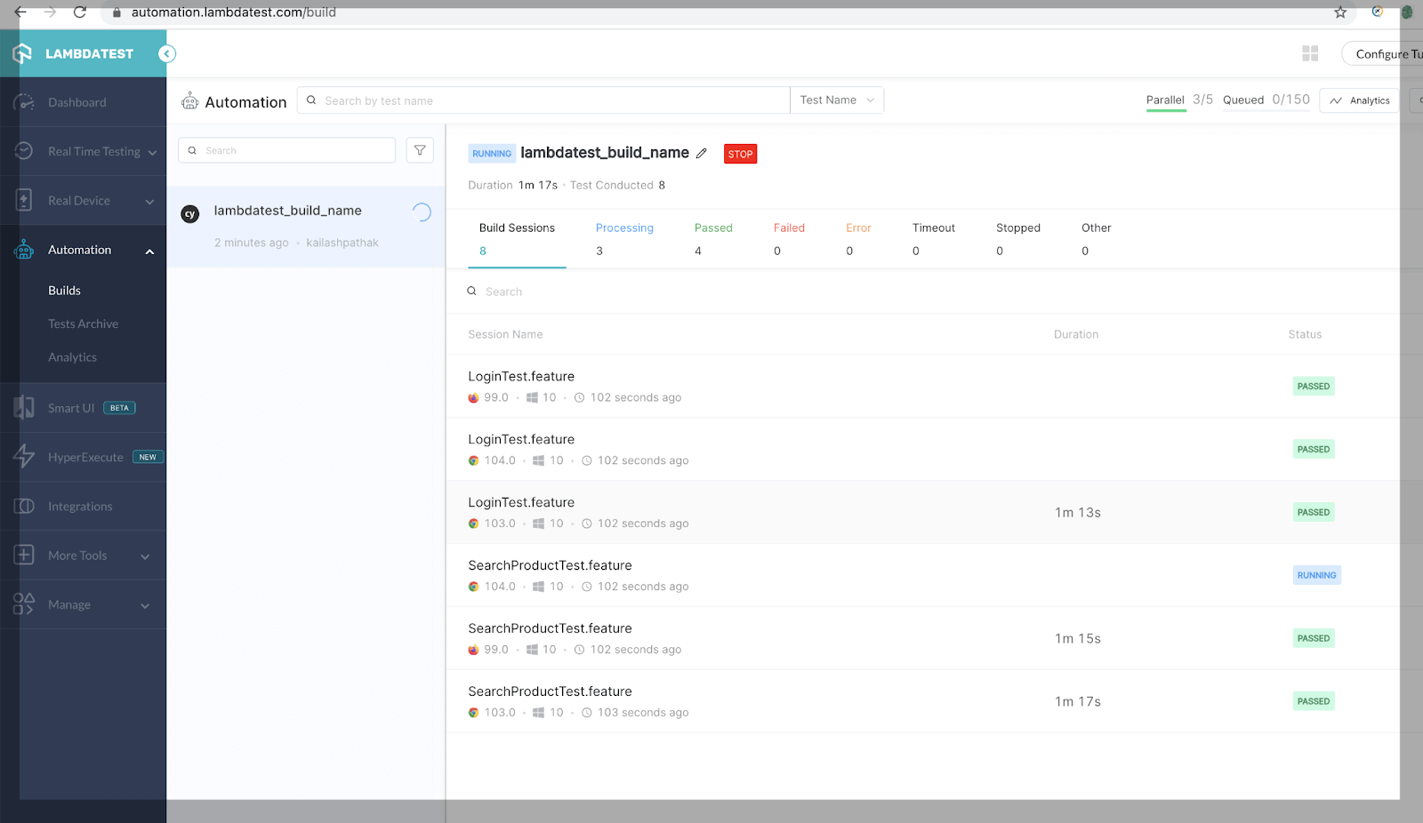 automation lambdatest build page