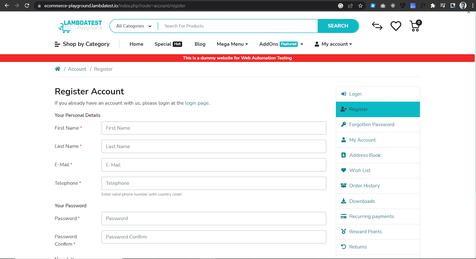 e-commerce registration page unit testing